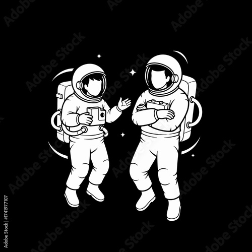 Two Astronauts in Space A Monochrome Illustration.
