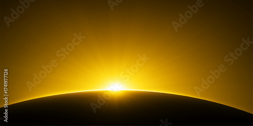 Orange sunrise light flares over the Earth's blue horizon in space, glowing bright against the dark night sky