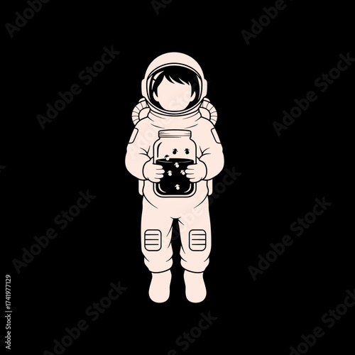 Astronaut Holding a Jar of Fireflies in Space a Whimsical Illustration.