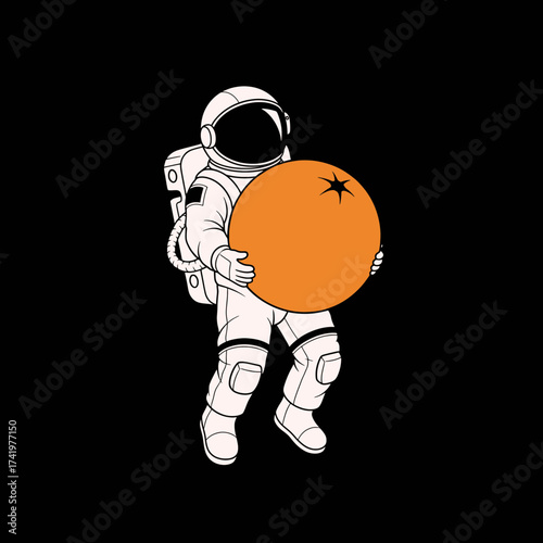 Astronaut holding a giant orange fruit in space cosmic illustration.