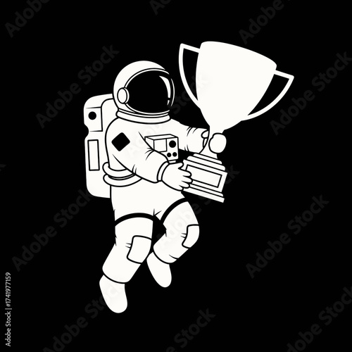 Astronaut floating in space holding a trophy winner of the space race 1.