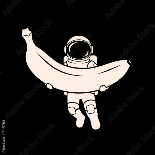 Astronaut floating in space holding a giant banana surreal illustration.