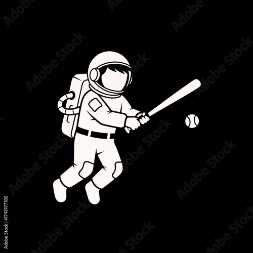 Astronaut swinging baseball bat hitting the ball in space.