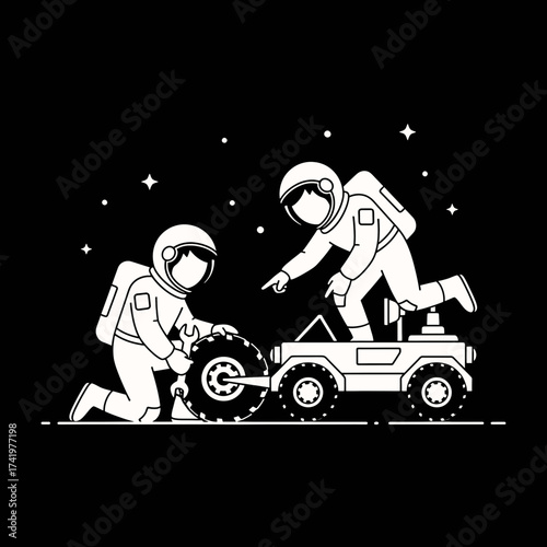 Astronauts Repairing Space Rover in the Vastness of Space.