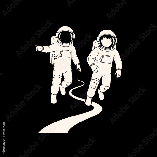 Two astronauts exploring space together on a path adventure concept.
