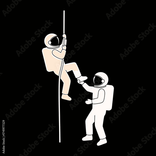 Astronauts climbing a pole one helping the other to ascend space exploration concept.