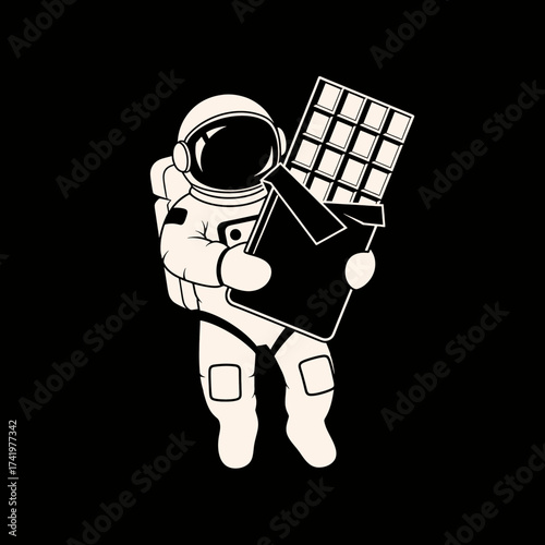 Astronaut holding a chocolate bar in space delicious treat.