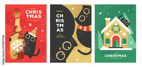 Set of Christmas holiday flat posters with funny cats, champagne bottle and gingerbread house. Christmas greeting card design. Vector illustration