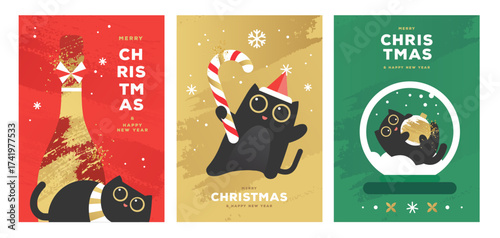 Set of Christmas holiday flat posters with funny cats, champagne bottle, candy cane and snow globe. Christmas greeting card design. Vector illustration