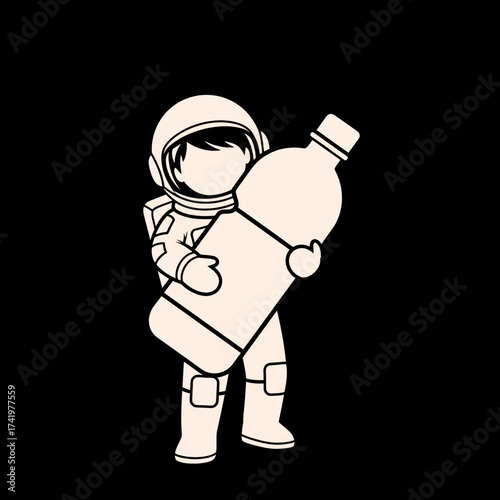 Astronaut holding a large water bottle in space illustration.