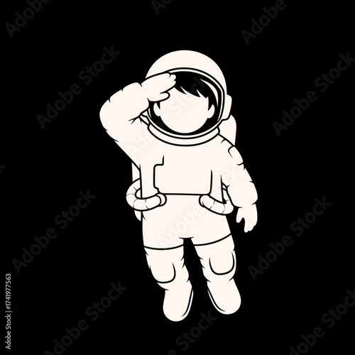 Astronaut saluting in space white outline on black background space exploration concept.