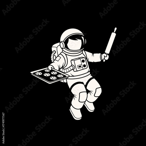 Astronaut Baking Cookies in Space with Rolling Pin and Tray 1.