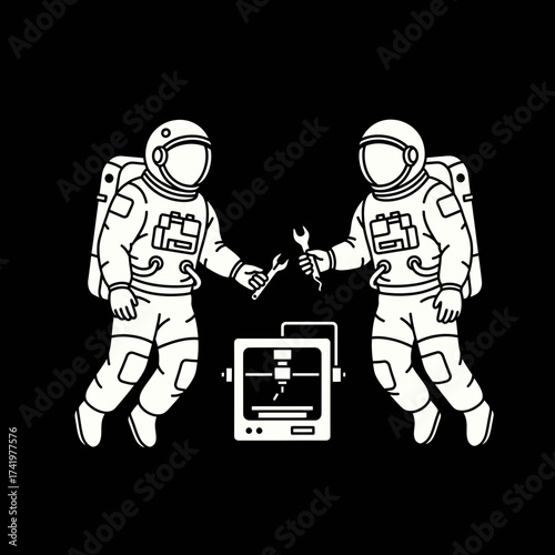 Astronauts repairing 3D printer in space teamwork and innovation.