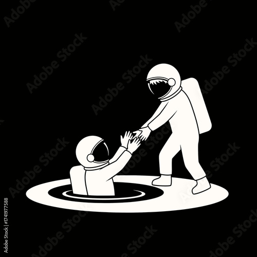 Astronauts in space one helping another teamwork and support concept.