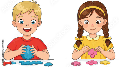 Happy boy and girl playing with colorful clay and shapes at table, creative kids making art, fun learning, preschool activity concept