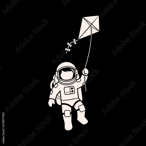 Astronaut floating in space with a kite a whimsical illustration.