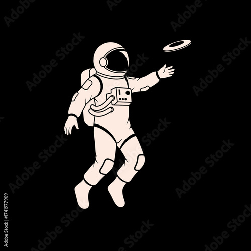 Astronaut in Space Throwing Frisbee in Zero Gravity Illustration.
