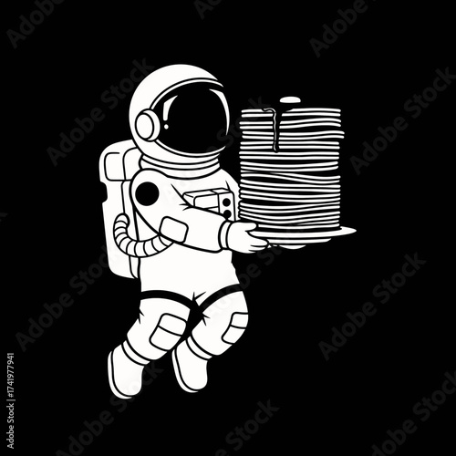 Astronaut floating in space holding a plate of pancakes with syrup.