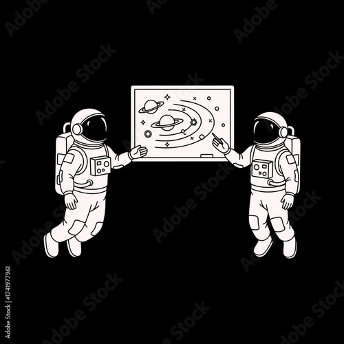 Astronauts Teaching Solar System on Blackboard in Space.