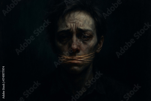 Dark emotional portraits of people with covered mouths, symbolizing silence, fear, and hidden suffering in dramatic low-key lighting