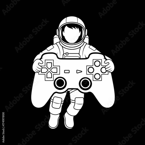 Astronaut holding a video game controller gaming concept black and white illustration.