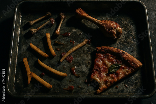 Dirty food leftovers resembling prison or slave meal, dark conceptual image representing poverty, neglect, and inhumane living conditions