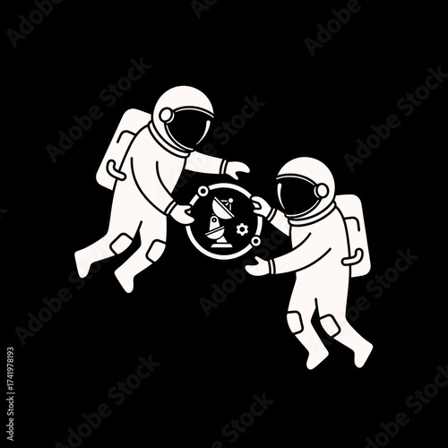 Astronauts working together in space with communication device.