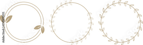 Elegant minimal leaf wreath frame collection, gold line botanical design, luxury oval floral border, perfect for invitations and stationery