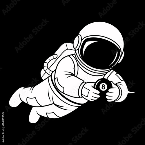 Astronaut floating in space holding a black eight ball space exploration concept.