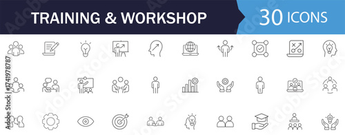 Workshop line editable icon set. For web and mobile apps. Includes team building, teamwork, coaching, meeting, management, motivation, training, and business collaboration concepts. Linear vector.