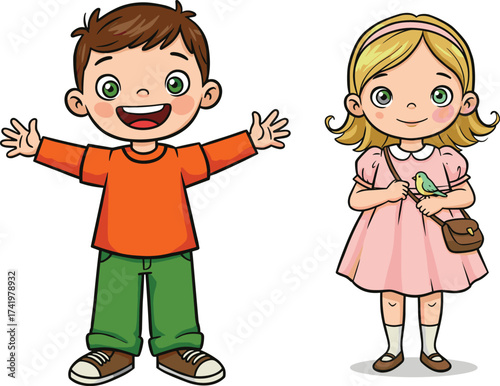 Happy cartoon boy spreading arms and cute girl holding little bird, smiling children standing together, cheerful friendship and childhood illustration