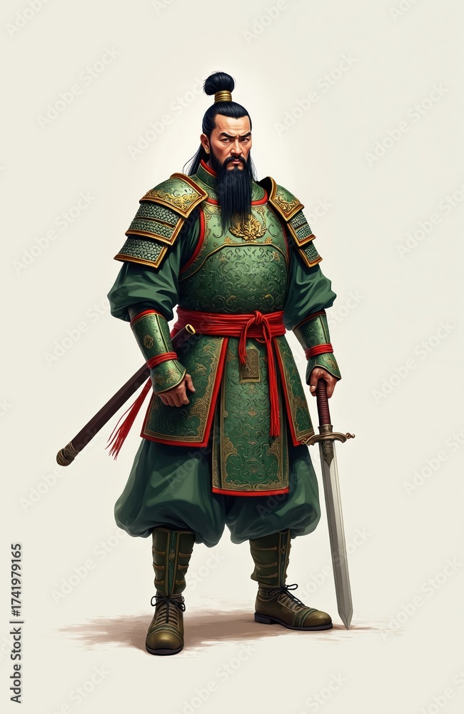 Fototapeta premium Ancient Chinese warrior Guan Yu stands holding sword. Warrior wears ornate green armor with red sash. Figure represents loyalty and strength in history and mythology.