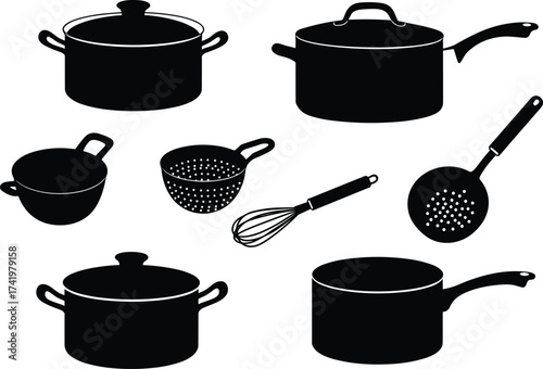 Cooking pots, saucepans, colander, ladle, whisk, kitchen utensils silhouettes, black white cookware collection, kitchenware tools for home cooking essentials