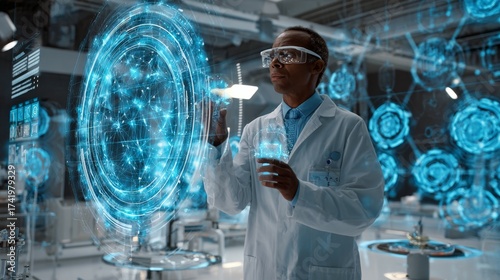 Medical researcher in futuristic lab analyzing data