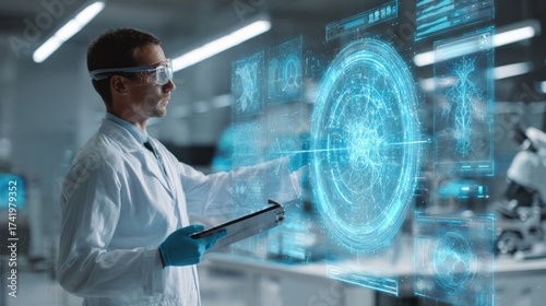 Medical researcher in futuristic lab analyzing data