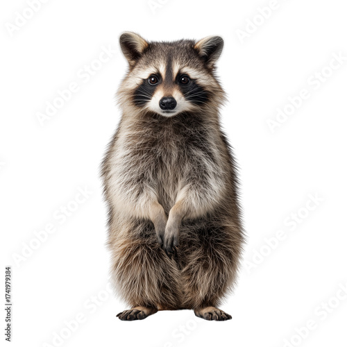 Curious raccoon looking directly standing isolated on transparent background, Clipart png