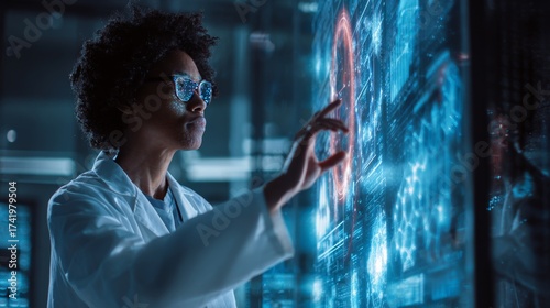 Medical researcher in futuristic lab analyzing data