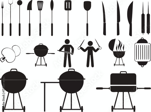 Barbecue grill and tools with pictogram people illustrated on white

