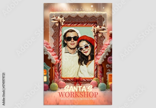Christmas Flyer Template with Festive Grotto or Workshop Scene & Photo Frame for Christmas Markets, Photo Booths