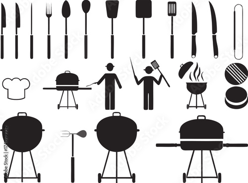 Barbecue grill and tools with pictogram people illustrated on white

