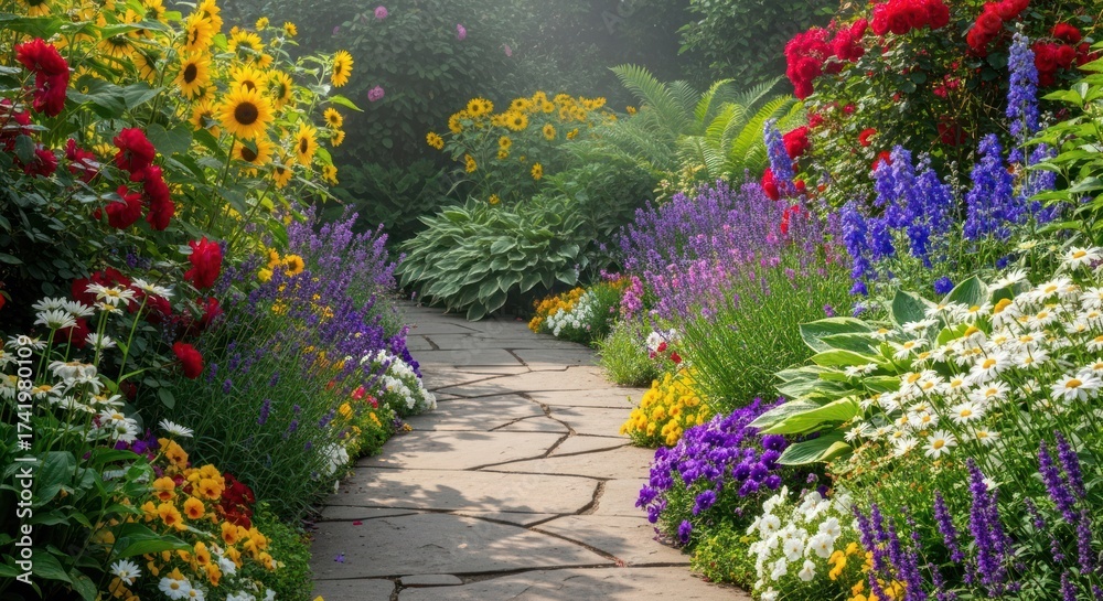 Fototapeta premium Winding stone path through vibrant, sunlit flower garden with various colorful blooms