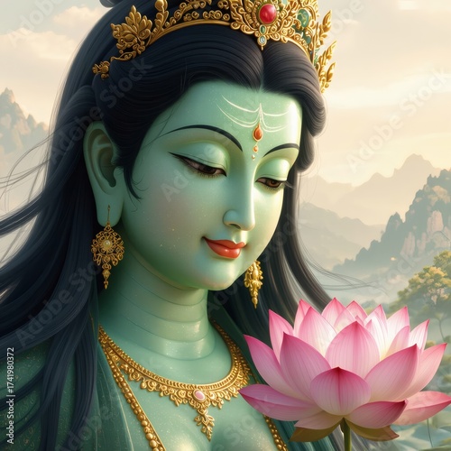 Peaceful Portrait of Green Tara Holding Lotus Flower in Spiritual Serenity