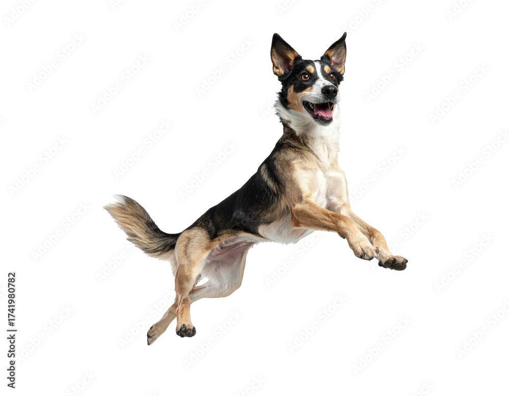 Obraz premium Energetic dog mid-air with joyful expression.