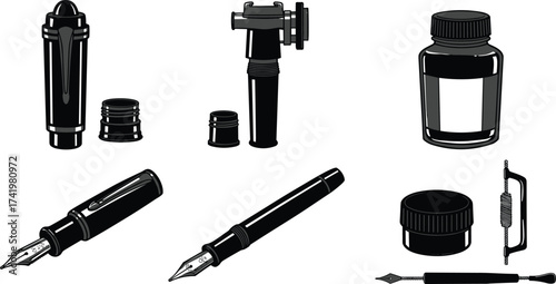 Fountain pen parts illustration, ink bottle, nibs, pen cap, vintage writing tools, calligraphy accessories, black and white vector, isolated