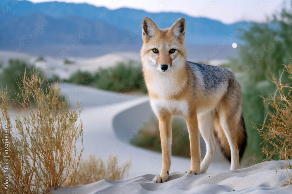 Obraz premium Kit fox standing on desert sand dune at sunset