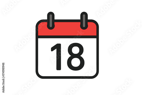 Calendar icon with number 18. Day eighteen. Date symbol. Schedule, appointment, daily plan, reminder, event concept. Deadline, important day, save the date. Vector illustration.
