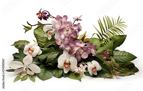Captivating floral arrangement with elegant white orchids, creating a serene and natural aesthetic. Embellished with fresh leaves