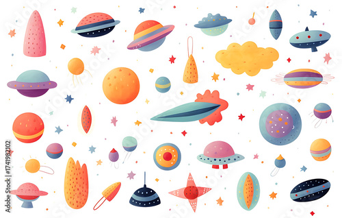 playful illustration of whimsical planets, stars, and spaceships, a vibrant and imaginative collection perfect for adding a touch of space-themed charm. 