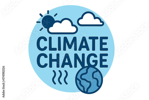 Climate change vector illustration. Global warming awareness icon with planet Earth, sun, clouds. Ecology & environment symbol. Save the planet, sustainability, greenhouse gas.