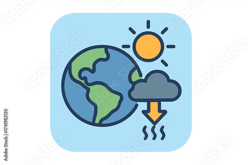 Climate change and global warming concept vector illustration. Planet Earth with sun and CO2 cloud icon. Greenhouse effect, air pollution, and environmental disaster symbol.